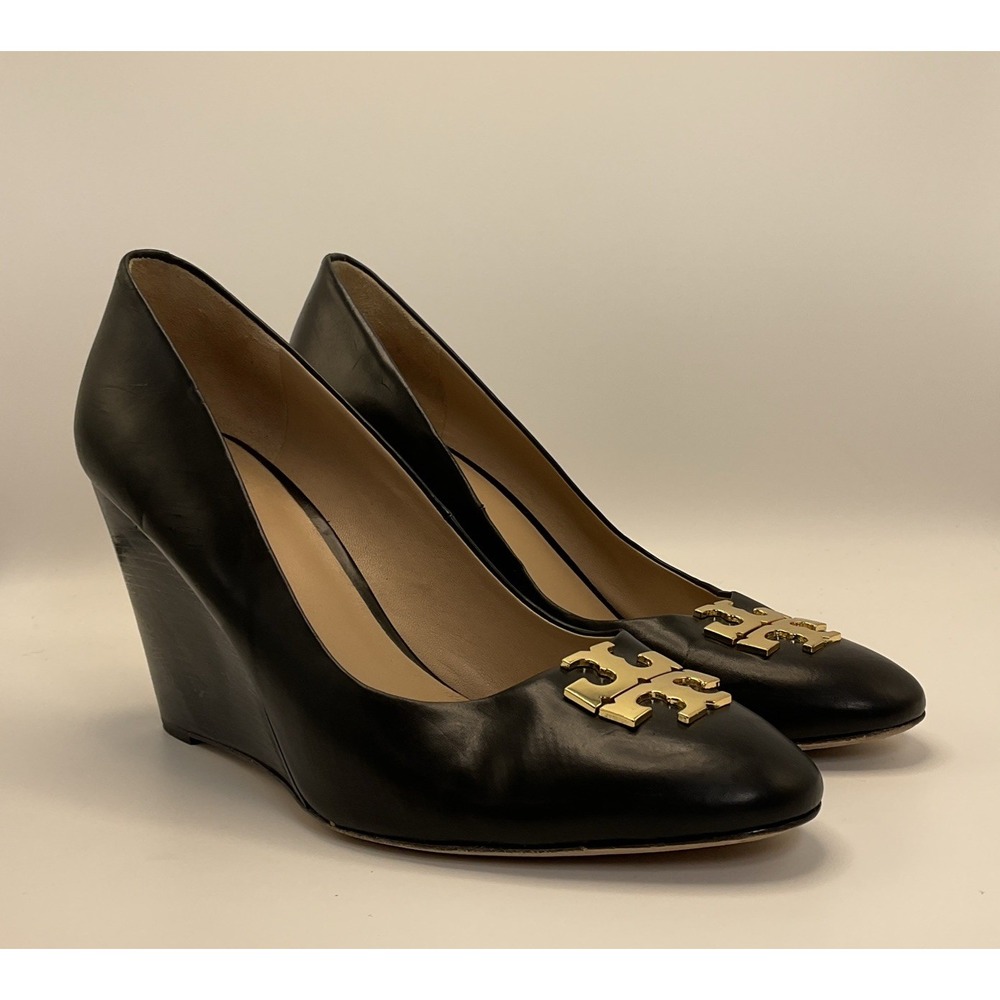 Tory Burch Black Leather Gold Logo Wedge Pumps Heels Size 10 Classic Timeless